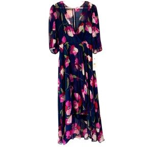 NEW Calvin Klein Navy Pink Floral High Low Chiffon Maxi Dress Size 4